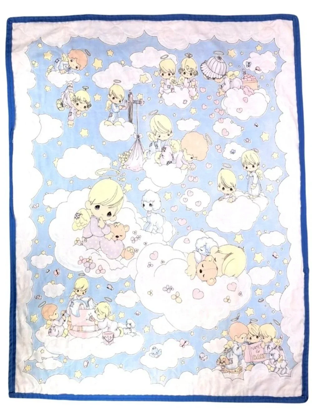 Vintage Handmade Precious Moments Baby Angel Quilt Blanket Blue Double Sided
